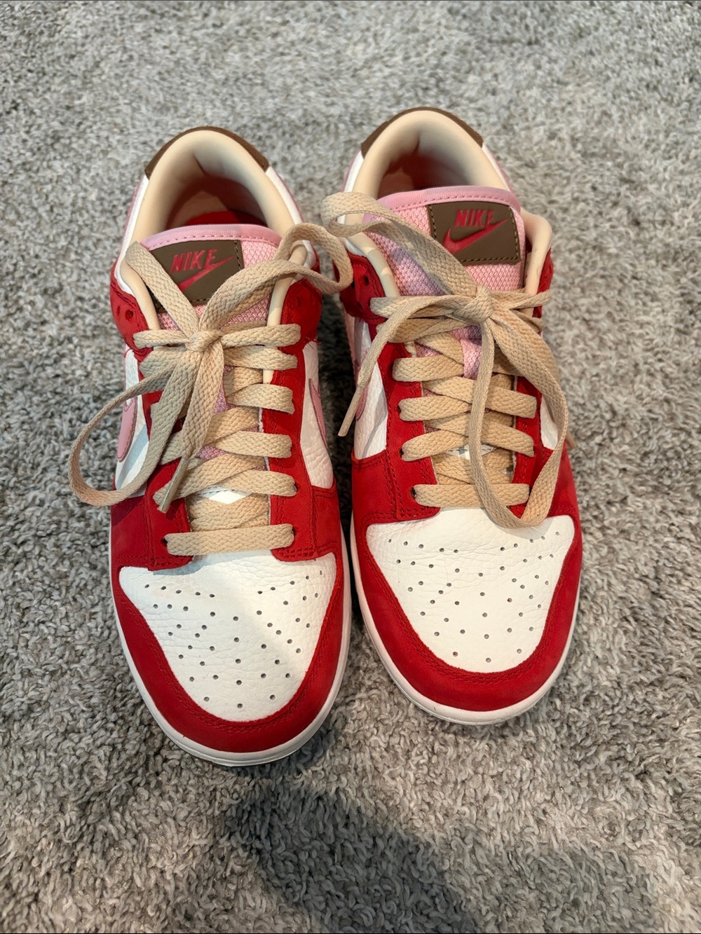 Nike Dunks Red, White & Pink Low-Top Sneakers with Tan Laces